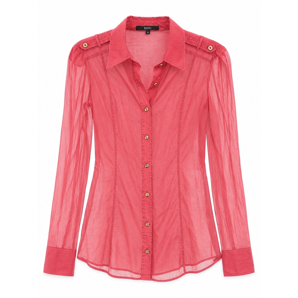 Gucci Womens Sheer Cotton Button Down Shirt Pink Epaulettes IT 44 US 8 111368